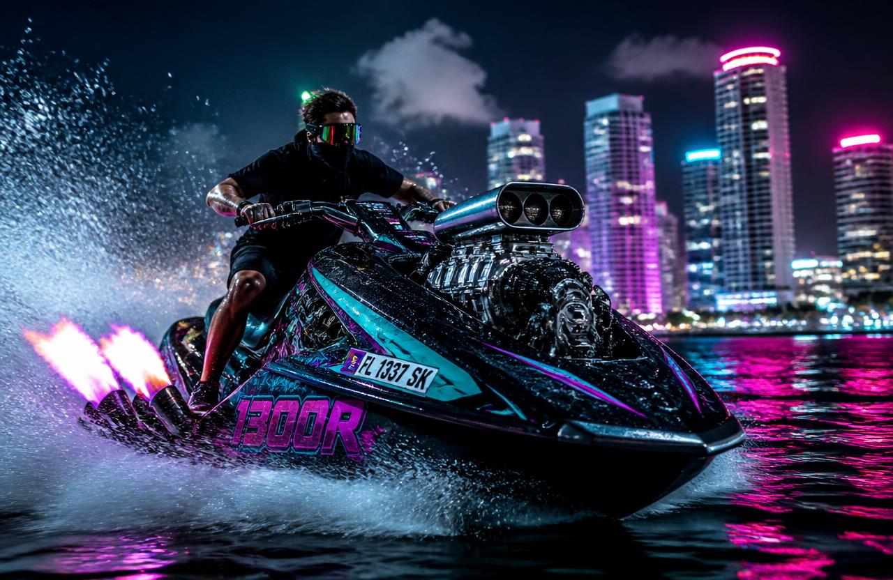 Modified performance jet ski with a supercharger and flame-shooting exhaust tips at night on Biscayne Bay