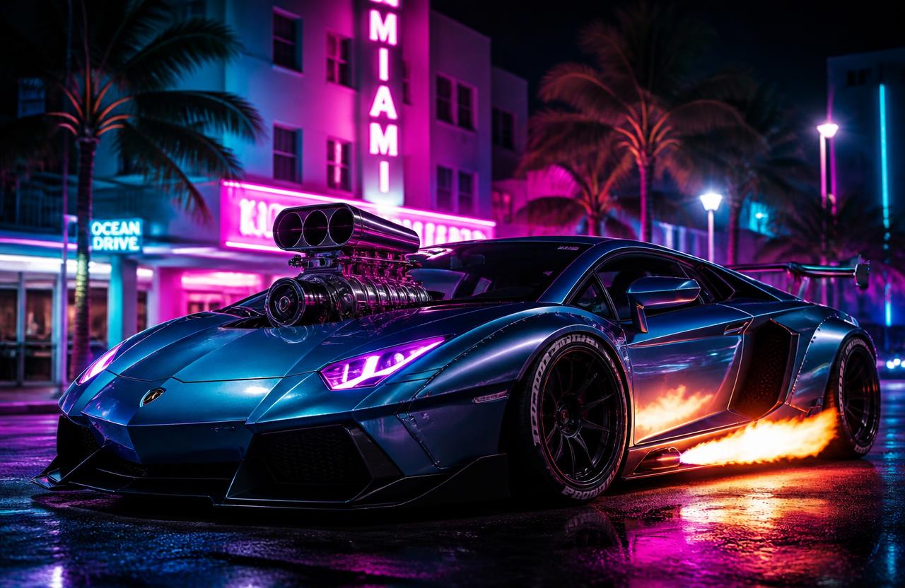 Exotic sports car with a supercharger blower through the hood, flames from the side exhausts, Miami neon background