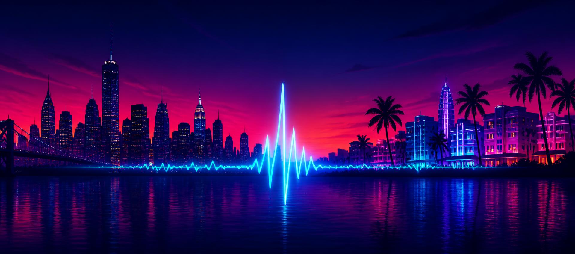 Neon night illustration fusing a New York skyline with Miami art-deco towers and palms, split by a cyan waveform